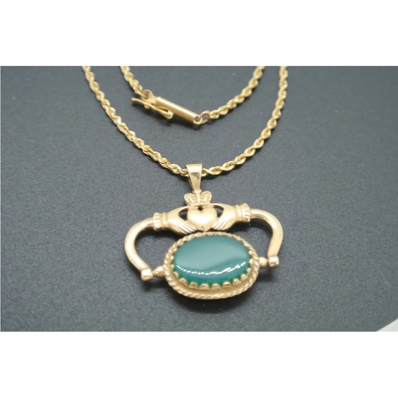 14K YELLOW GOLD GREEN & BLACK ONYX IRISH CLADDAGH PENDANT w/ 14K Gold ROPE CHAIN - Picture 9 of 11